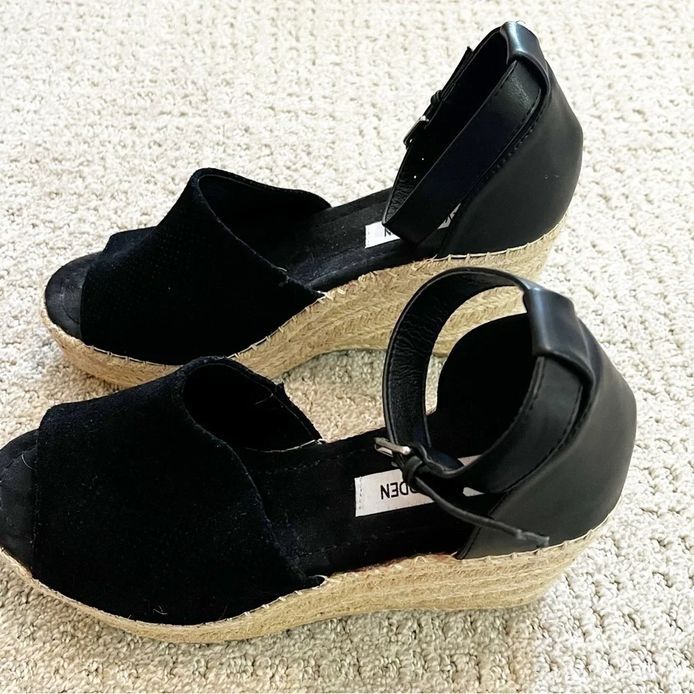 Steve Madden Josey Black Wedges Women Size 9.5 Espadrille Sandals Ankle Strap